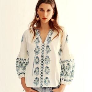 D’ascoli Zahara Printed Peasant Tie Front Blouse Top Size M